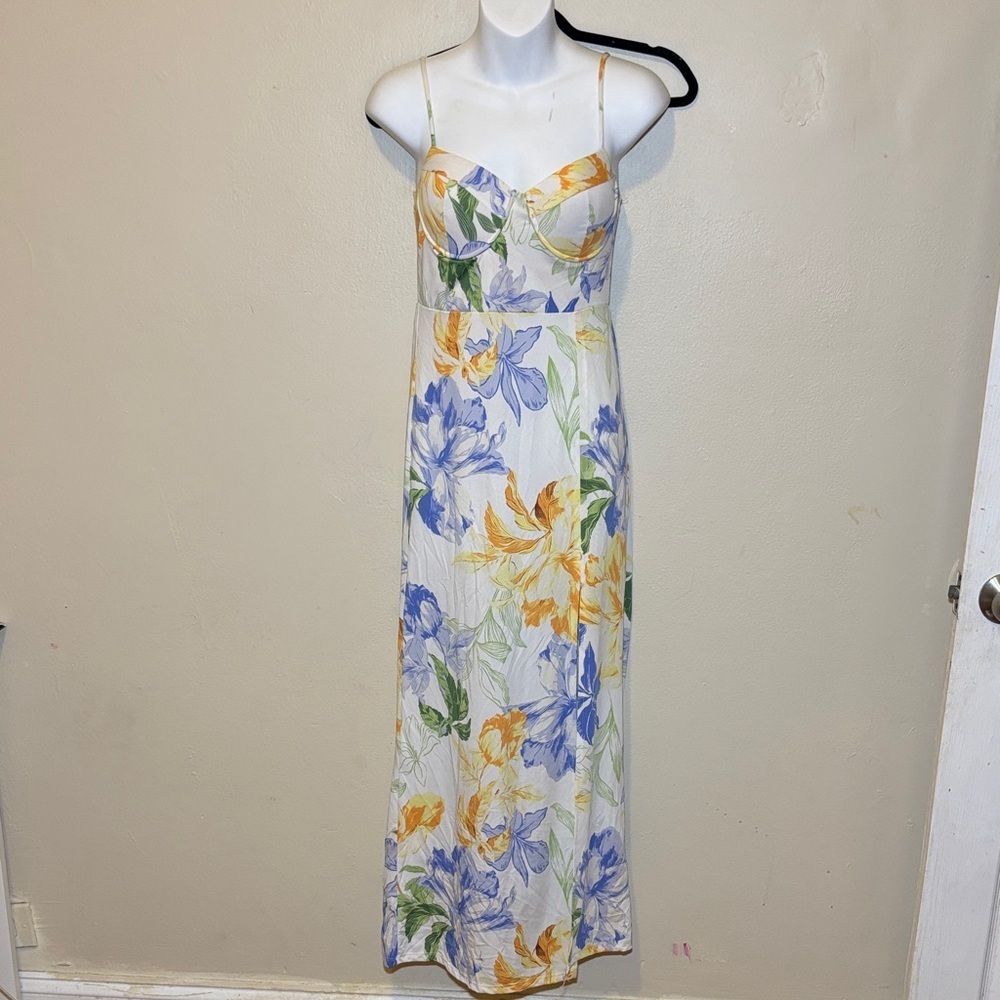 White Floral Spaghetti-Strap Maxi Dress with Blue & Yellow Blooms